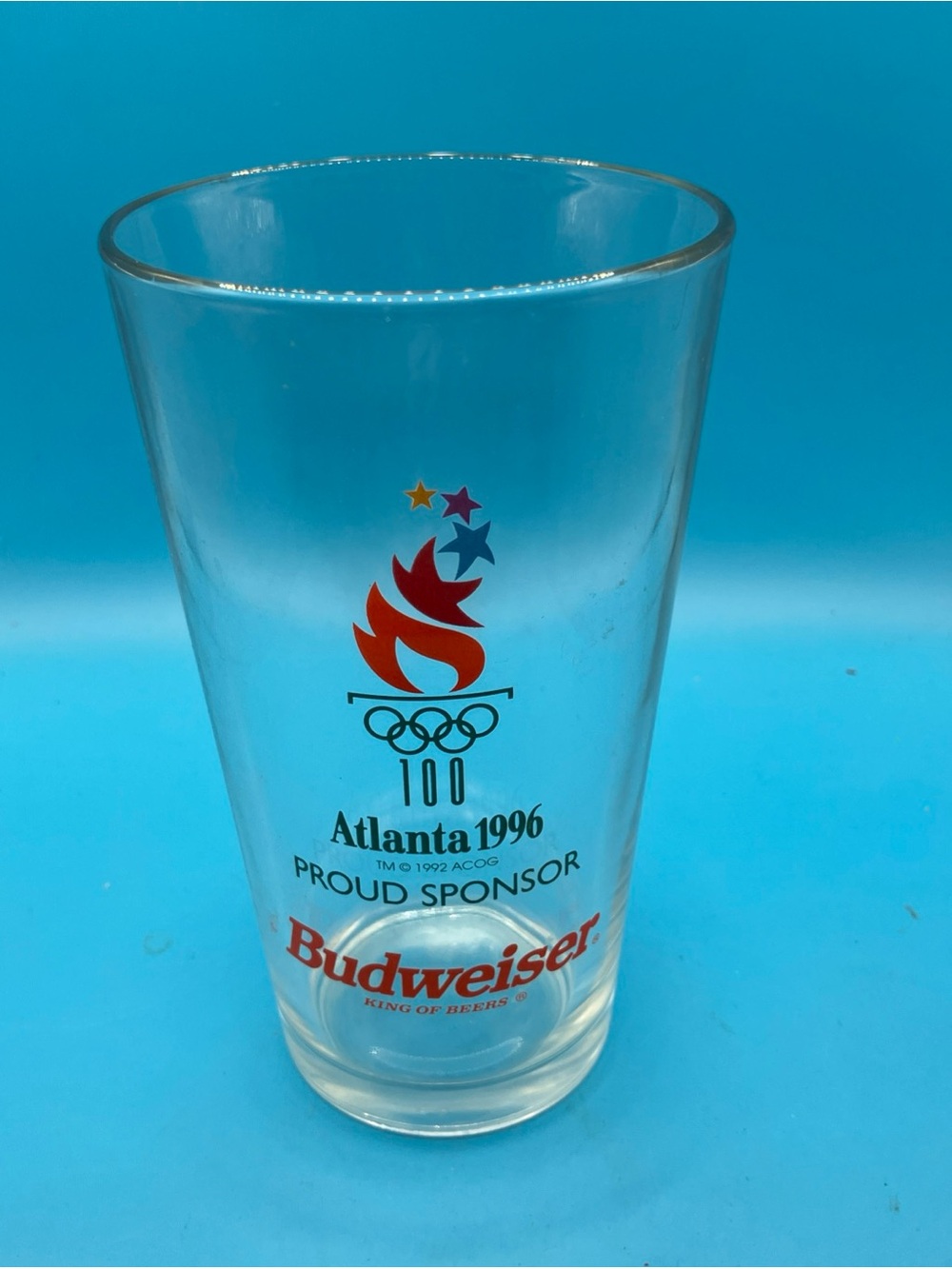 Budweiser Clear Pint Glass with Red Logo and Multicolor Flame